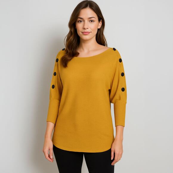 NWOT Cable & Gauge Gold Boatneck Dolman Sweater Button Detail Sz Small - Picture 1 of 11
